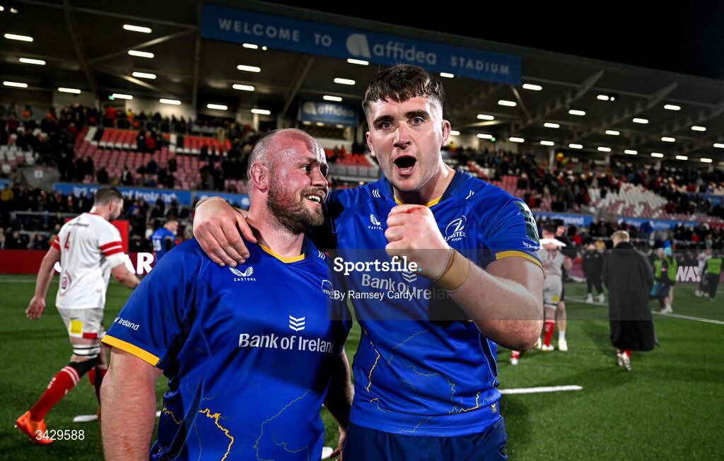 17 April 2026; Ed Byrne, left, and Brian Deeny of Leinster after the United Rugby Championship match between Ulster and Leinster at Affidea Stadium in Belfast. Photo by Ramsey Cardy/Sportsfile