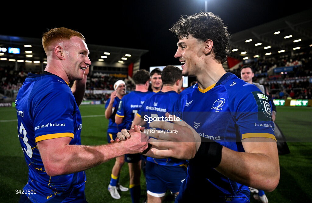 17 April 2026; Ciarán Frawley, left, and Joshua Kenny of Leinster after the United Rugby Championship match between Ulster and Leinster at Affidea Stadium in Belfast. Photo by Ramsey Cardy/Sportsfile