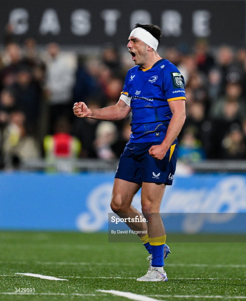 17 April 2026; Jimmy O'Brien of Leinster celebrates after the United Rugby Championship match between Ulster and Leinster at Affidea Stadium in Belfast. Photo by David Fitzgerald/Sportsfile