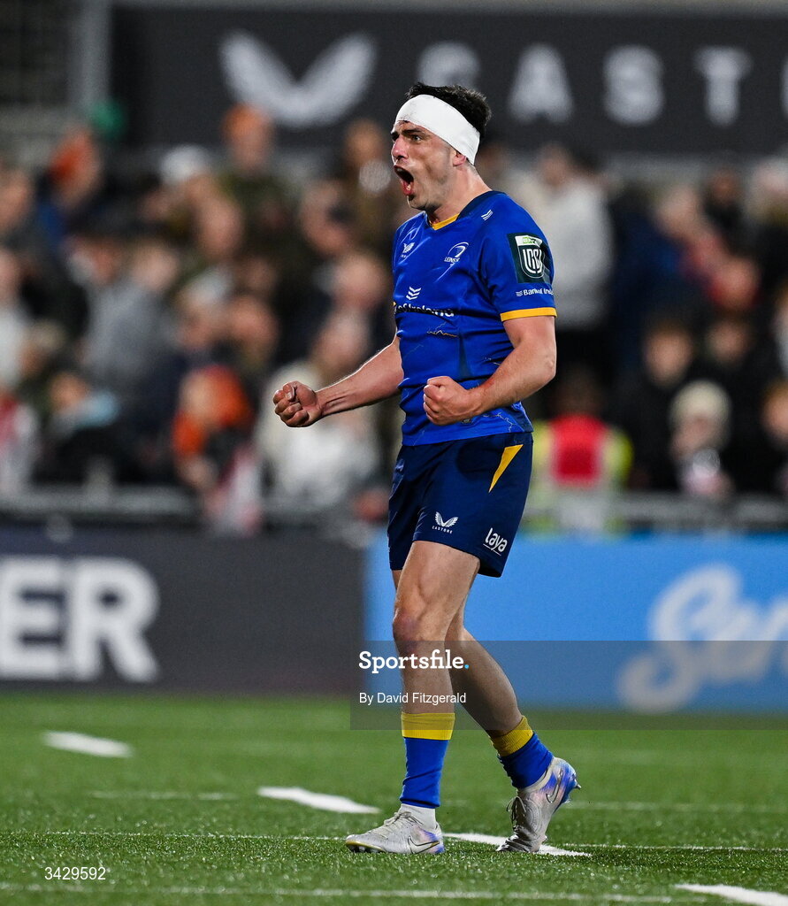 17 April 2026; Jimmy O'Brien of Leinster celebrates after the United Rugby Championship match between Ulster and Leinster at Affidea Stadium in Belfast. Photo by David Fitzgerald/Sportsfile