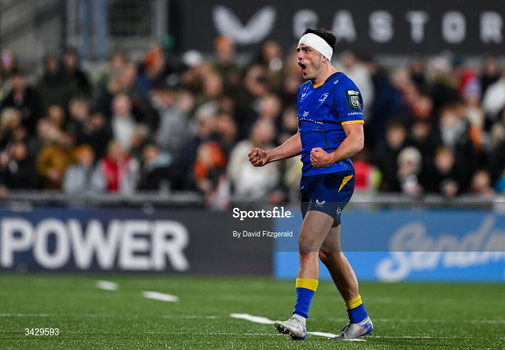 17 April 2026; Jimmy O'Brien of Leinster celebrates after the United Rugby Championship match between Ulster and Leinster at Affidea Stadium in Belfast. Photo by David Fitzgerald/Sportsfile
