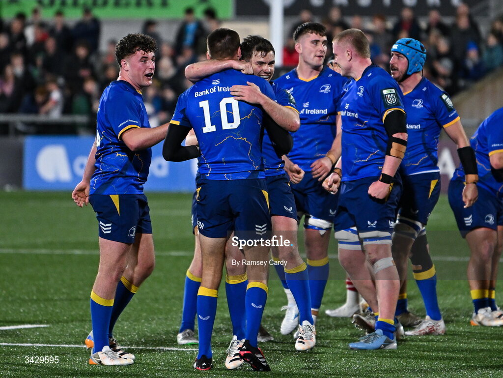 17 April 2026; Luke McGrath and Sam Prendergast of Leinster celebrate at the final whistle of the United Rugby Championship match between Ulster and Leinster at Affidea Stadium in Belfast. Photo by Ramsey Cardy/Sportsfile