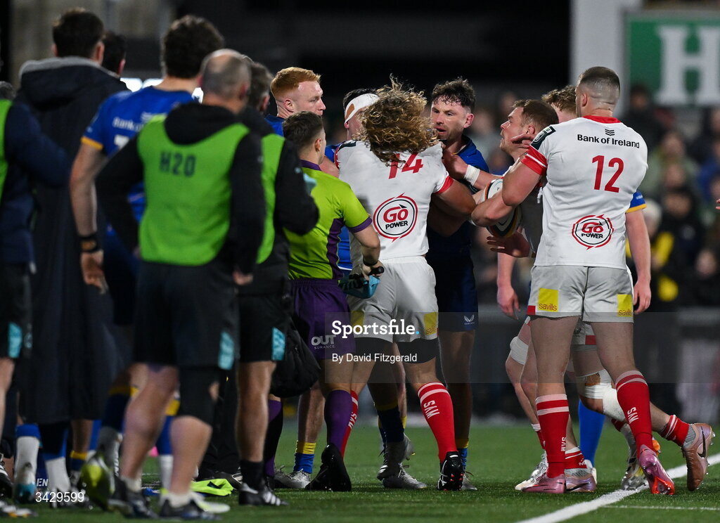 17 April 2026; Jimmy O'Brien and Hugo Keenan of Leinster tussle with Werner Kok of Ulster during the United Rugby Championship match between Ulster and Leinster at Affidea Stadium in Belfast. Photo by David Fitzgerald/Sportsfile