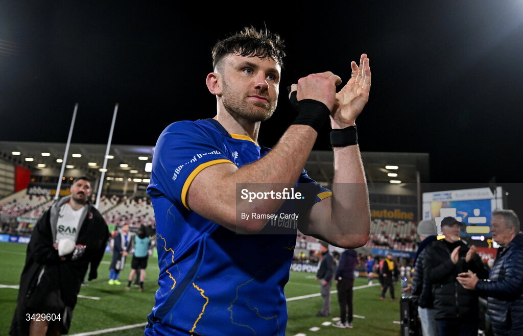 17 April 2026; Hugo Keenan of Leinster after the United Rugby Championship match between Ulster and Leinster at Affidea Stadium in Belfast. Photo by Ramsey Cardy/Sportsfile