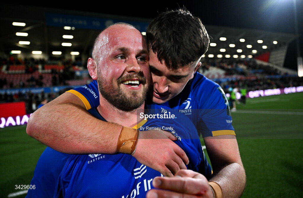 17 April 2026; Ed Byrne, left, and Brian Deeny of Leinster after the United Rugby Championship match between Ulster and Leinster at Affidea Stadium in Belfast. Photo by Ramsey Cardy/Sportsfile