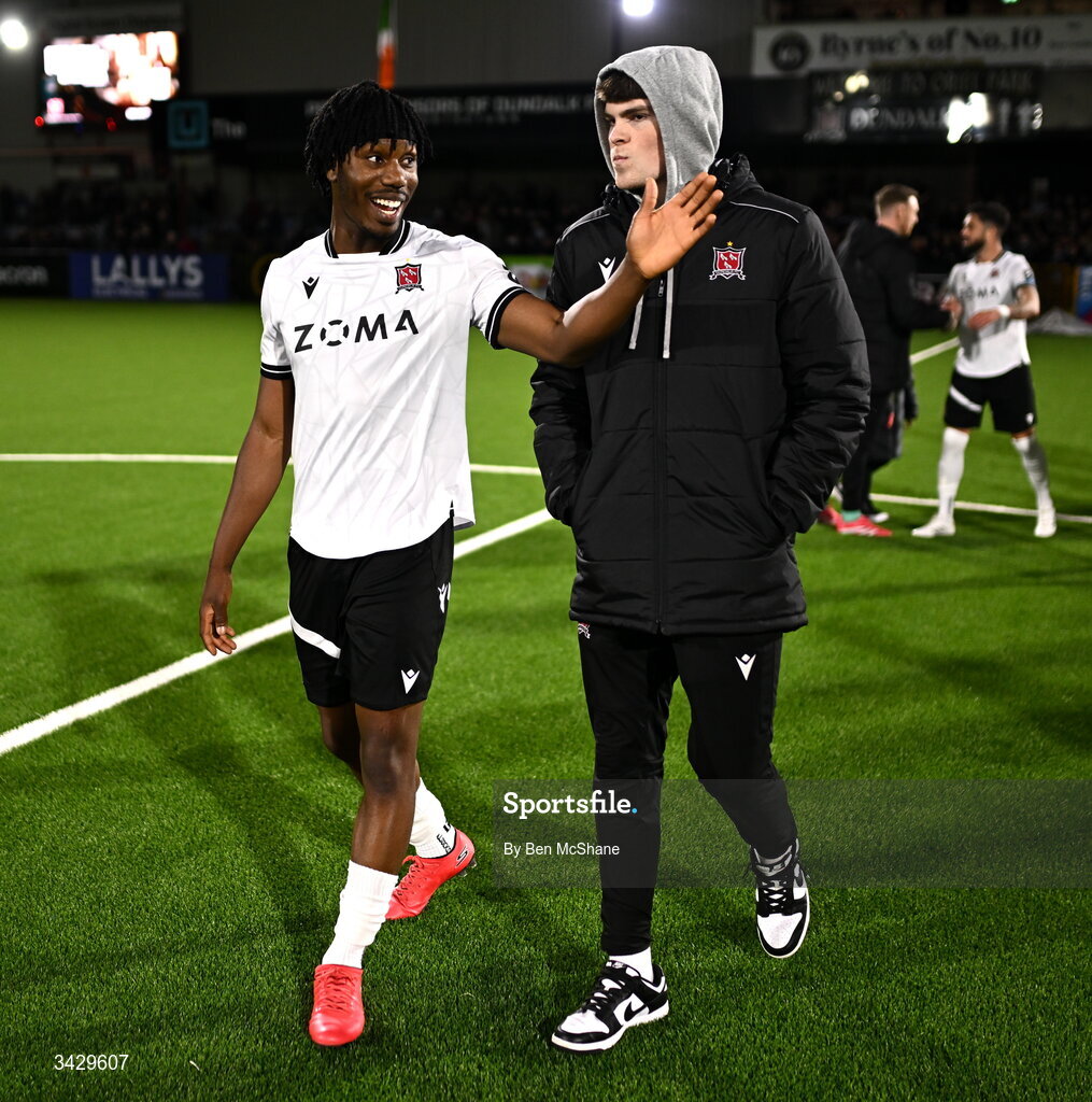 17 April 2026; Gbemi Arubi, left, and Vinnie Leonard of Dundalk after the SSE Airtricity Men's Premier Division match between Dundalk and Galway United at Oriel Park in Dundalk, Louth. Photo by Ben McShane/Sportsfile