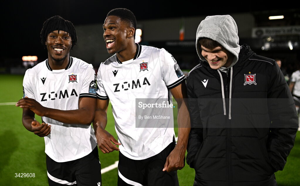 17 April 2026; Dundalk players, from left, Gbemi Arubi, Mayowa Animasahun and Vinnie Leonard celebrate after after the SSE Airtricity Men's Premier Division match between Dundalk and Galway United at Oriel Park in Dundalk, Louth. Photo by Ben McShane/Sportsfile