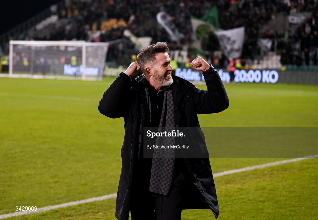 17 April 2026; Shamrock Rovers manager Stephen Bradley celebrates after the SSE Airtricity Men's Premier Division match between Shamrock Rovers and Bohemians at Tallaght Stadium in Dublin. Photo by Stephen McCarthy/Sportsfile