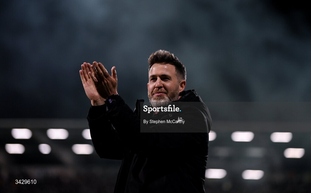 17 April 2026; Shamrock Rovers manager Stephen Bradley celebrates after the SSE Airtricity Men's Premier Division match between Shamrock Rovers and Bohemians at Tallaght Stadium in Dublin. Photo by Stephen McCarthy/Sportsfile