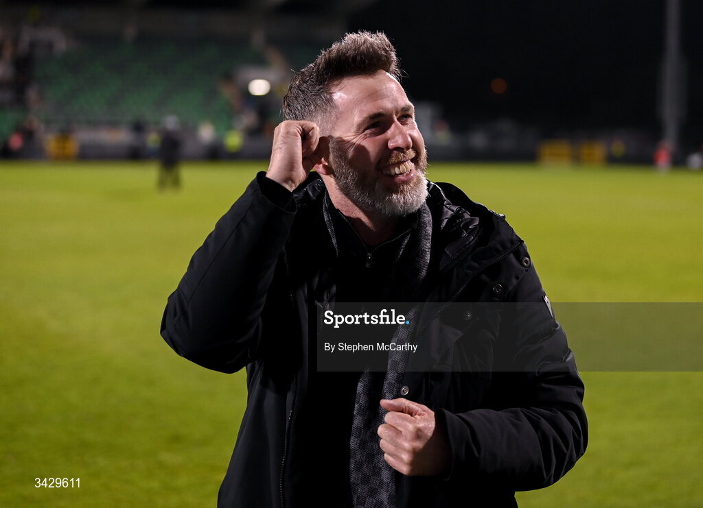 17 April 2026; Shamrock Rovers manager Stephen Bradley celebrates after the SSE Airtricity Men's Premier Division match between Shamrock Rovers and Bohemians at Tallaght Stadium in Dublin. Photo by Stephen McCarthy/Sportsfile