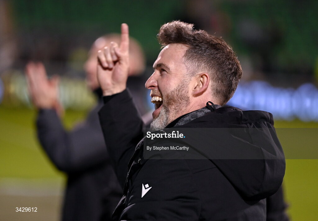 17 April 2026; Shamrock Rovers manager Stephen Bradley celebrates after the SSE Airtricity Men's Premier Division match between Shamrock Rovers and Bohemians at Tallaght Stadium in Dublin. Photo by Stephen McCarthy/Sportsfile