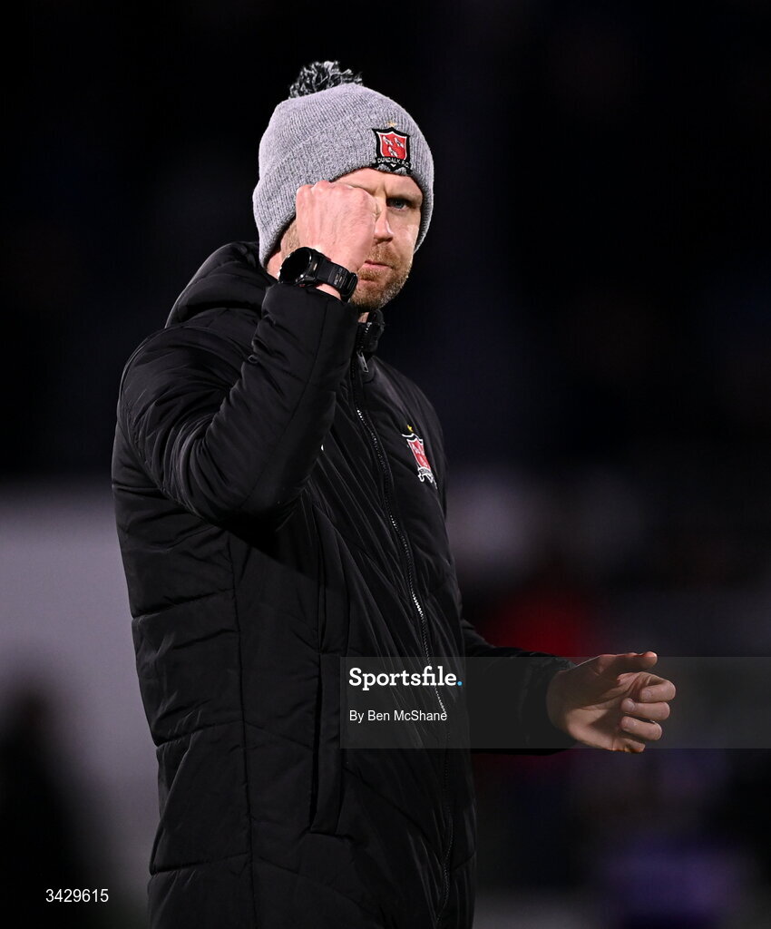 17 April 2026; Dundalk manager Ciaran Kilduff celebrates after the SSE Airtricity Men's Premier Division match between Dundalk and Galway United at Oriel Park in Dundalk, Louth. Photo by Ben McShane/Sportsfile