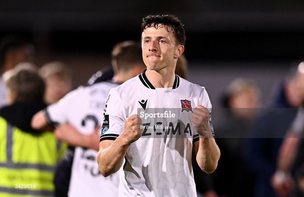 17 April 2026; Keith Buckley of Dundalk celebrates after the SSE Airtricity Men's Premier Division match between Dundalk and Galway United at Oriel Park in Dundalk, Louth. Photo by Ben McShane/Sportsfile