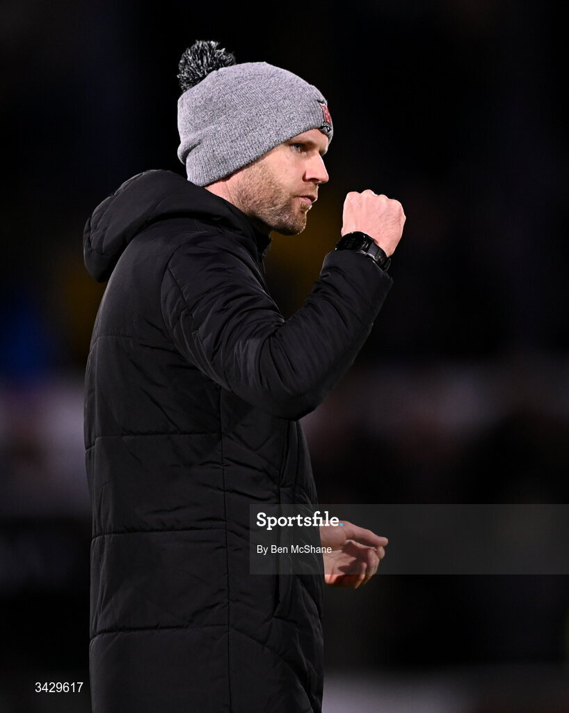 17 April 2026; Dundalk manager Ciaran Kilduff celebrates after the SSE Airtricity Men's Premier Division match between Dundalk and Galway United at Oriel Park in Dundalk, Louth. Photo by Ben McShane/Sportsfile