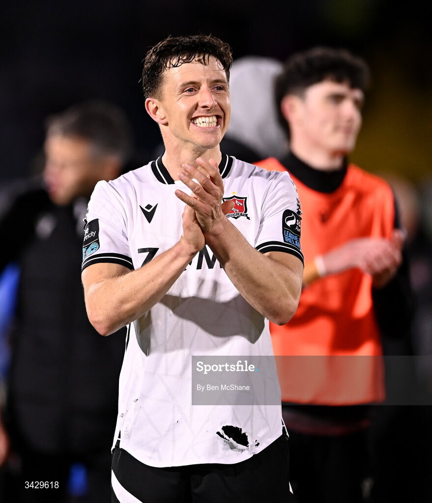 17 April 2026; Keith Buckley of Dundalk celebrates after the SSE Airtricity Men's Premier Division match between Dundalk and Galway United at Oriel Park in Dundalk, Louth. Photo by Ben McShane/Sportsfile