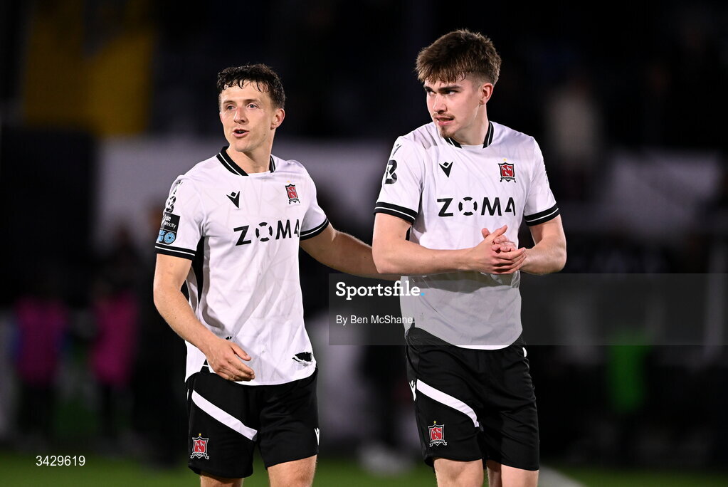 17 April 2026; Eoin Kenny, right, and Keith Buckley of Dundalk after the SSE Airtricity Men's Premier Division match between Dundalk and Galway United at Oriel Park in Dundalk, Louth. Photo by Ben McShane/Sportsfile