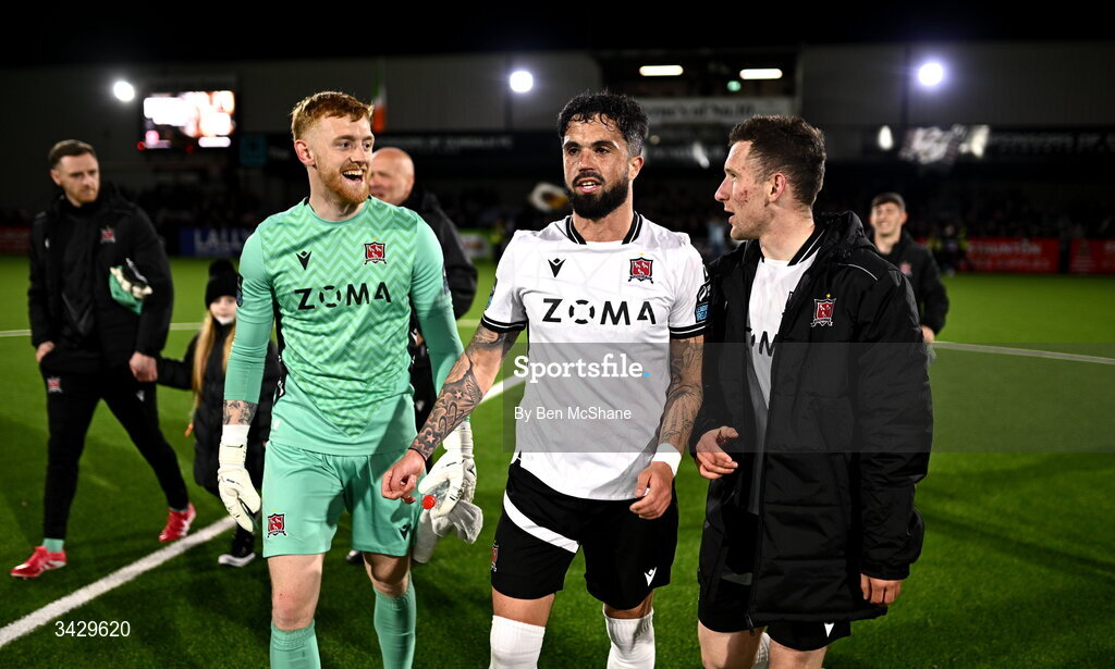 17 April 2026; Dundalk players, from left, goalkeeper Enda Minogue, Declan McDaid and Bobby Burns after the SSE Airtricity Men's Premier Division match between Dundalk and Galway United at Oriel Park in Dundalk, Louth. Photo by Ben McShane/Sportsfile