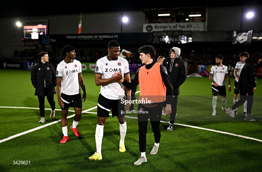 17 April 2026; Mayowa Animasahun, left, and Luke Mulligan of Dundalk celebrate after the SSE Airtricity Men's Premier Division match between Dundalk and Galway United at Oriel Park in Dundalk, Louth. Photo by Ben McShane/Sportsfile
