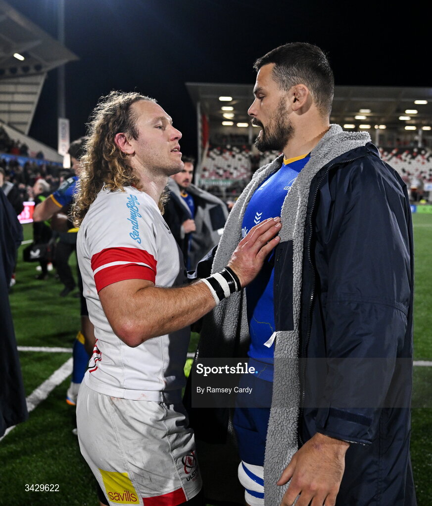 17 April 2026; Max Deegan of Leinster and Werner Kok of Ulster after the United Rugby Championship match between Ulster and Leinster at Affidea Stadium in Belfast. Photo by Ramsey Cardy/Sportsfile