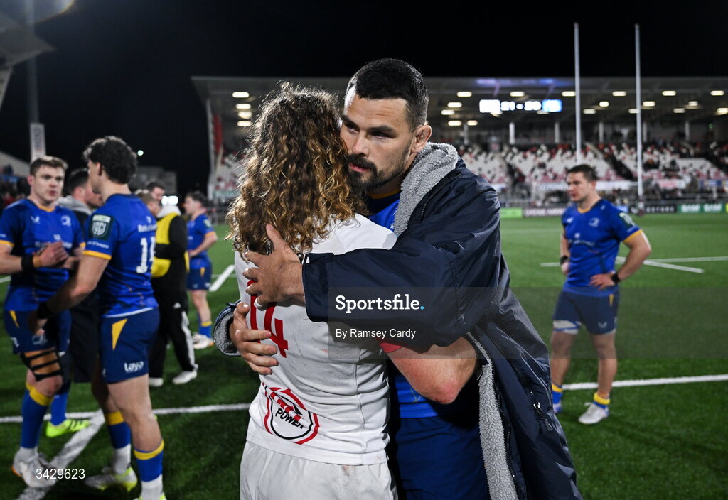 17 April 2026; Max Deegan of Leinster and Werner Kok of Ulster after the United Rugby Championship match between Ulster and Leinster at Affidea Stadium in Belfast. Photo by Ramsey Cardy/Sportsfile