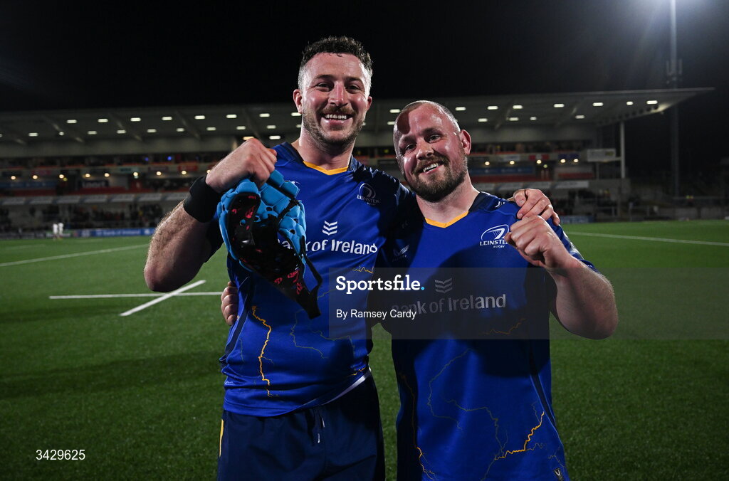 17 April 2026; Will Connors, left, and Ed Byrne of Leinster after the United Rugby Championship match between Ulster and Leinster at Affidea Stadium in Belfast. Photo by Ramsey Cardy/Sportsfile