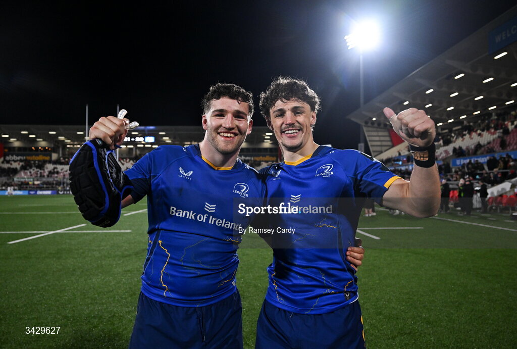 17 April 2026; James Culhane, left, and Joshua Kenny of Leinster after the United Rugby Championship match between Ulster and Leinster at Affidea Stadium in Belfast. Photo by Ramsey Cardy/Sportsfile