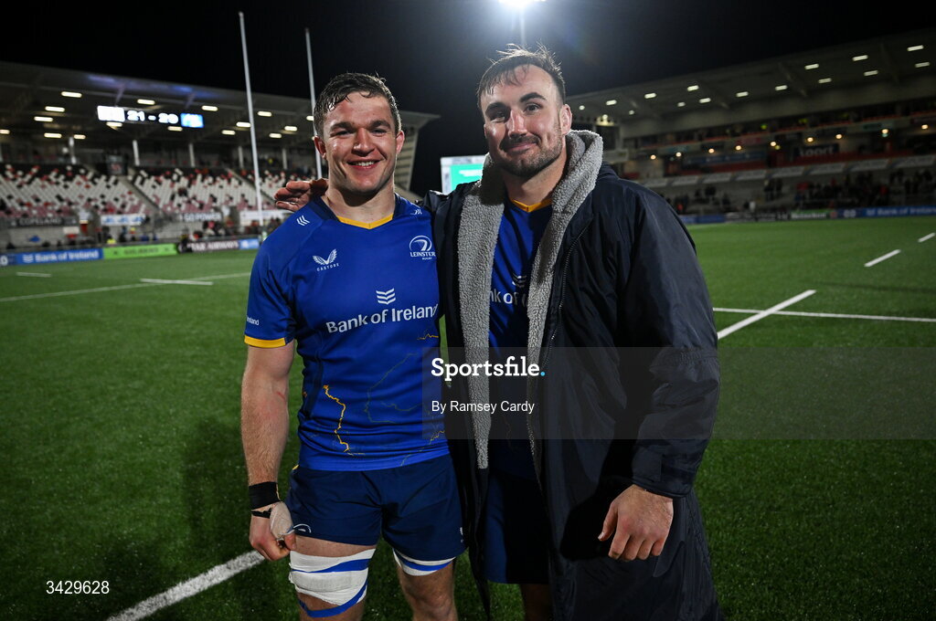 17 April 2026; Scott Penny, left, and Rónan Kelleher of Leinster after the United Rugby Championship match between Ulster and Leinster at Affidea Stadium in Belfast. Photo by Ramsey Cardy/Sportsfile