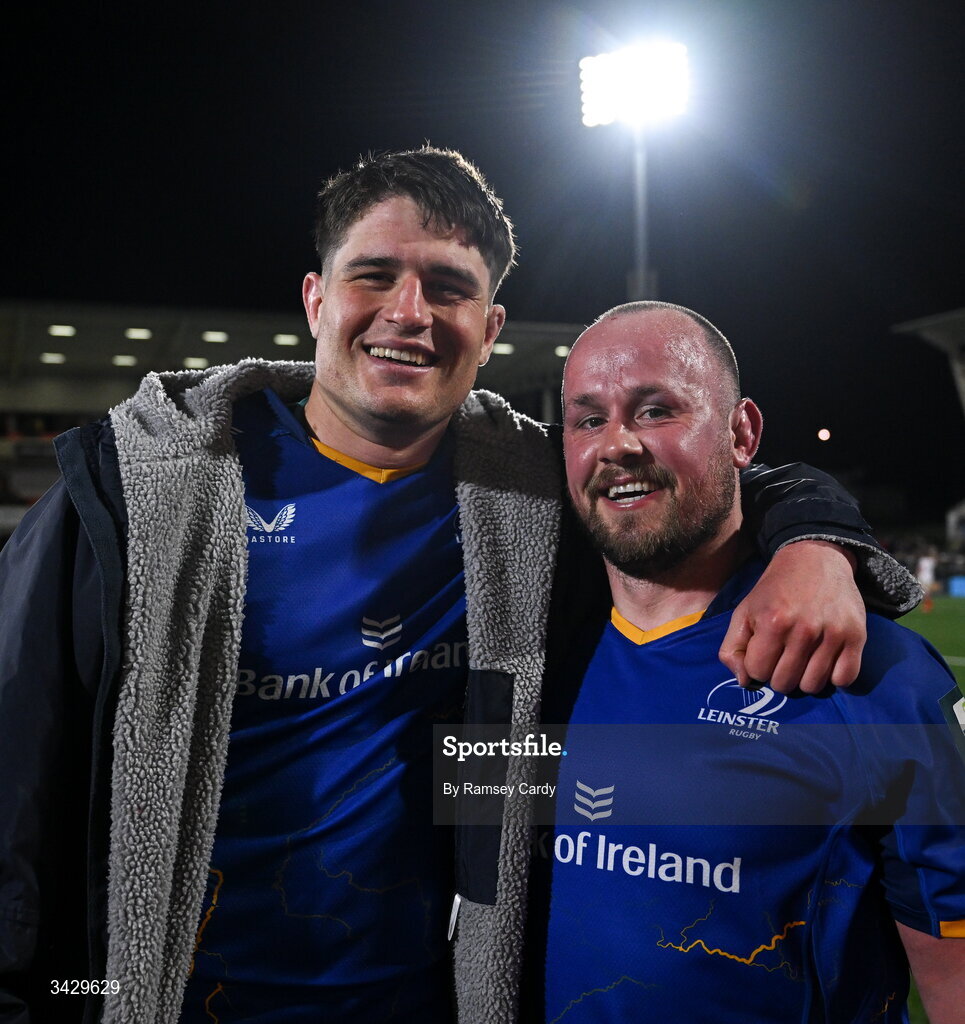 17 April 2026; Alex Soroka, left, and Ed Byrne of Leinster after the United Rugby Championship match between Ulster and Leinster at Affidea Stadium in Belfast. Photo by Ramsey Cardy/Sportsfile