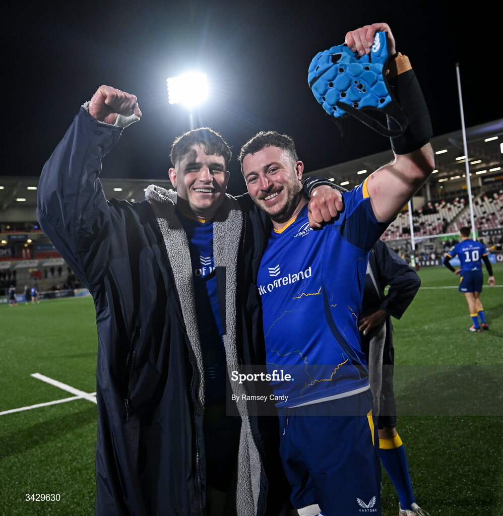17 April 2026; Alex Soroka, left, and Will Connors of Leinster after the United Rugby Championship match between Ulster and Leinster at Affidea Stadium in Belfast. Photo by Ramsey Cardy/Sportsfile