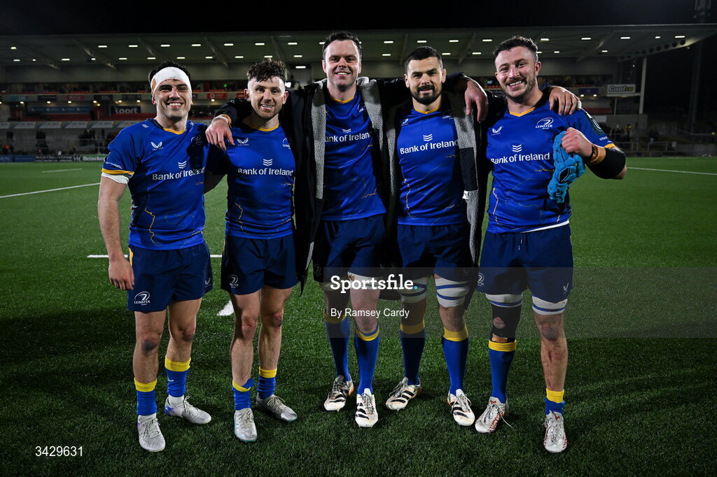 17 April 2026; Leinster players, from left, Jimmy O'Brien, Hugo Keenan, James Ryan, Max Deegan and Will Connors after the United Rugby Championship match between Ulster and Leinster at Affidea Stadium in Belfast. Photo by Ramsey Cardy/Sportsfile