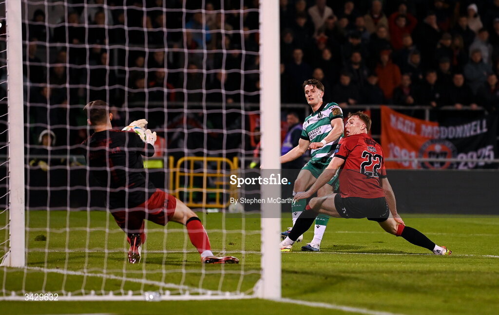 17 April 2026; John McGovern of Shamrock Rovers has a shot on goal saved by Bohemians goalkeeper Kacper Chorazka during the SSE Airtricity Men's Premier Division match between Shamrock Rovers and Bohemians at Tallaght Stadium in Dublin. Photo by Stephen McCarthy/Sportsfile