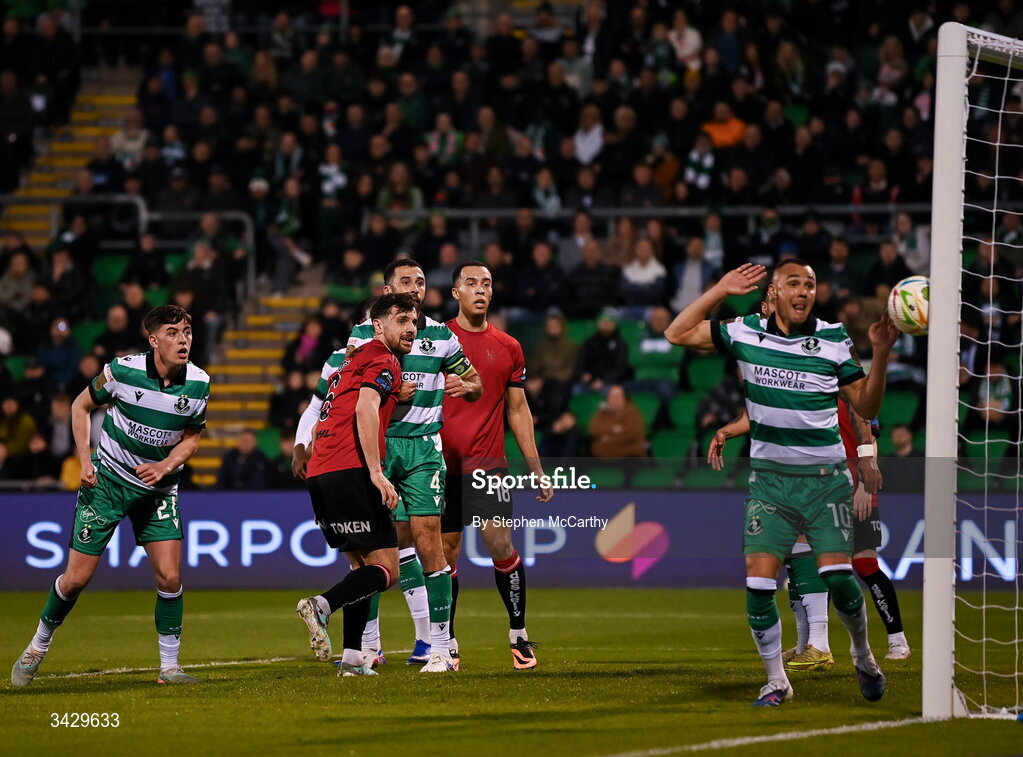17 April 2026; Jordan Flores of Bohemians watches his header hit the post during the SSE Airtricity Men's Premier Division match between Shamrock Rovers and Bohemians at Tallaght Stadium in Dublin. Photo by Stephen McCarthy/Sportsfile