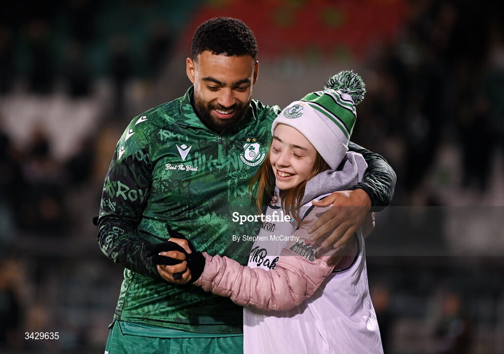 17 April 2026; Jake Mulraney of Shamrock Rovers celebrates with ballgirl Bella Smith following the SSE Airtricity Men's Premier Division match between Shamrock Rovers and Bohemians at Tallaght Stadium in Dublin. Photo by Stephen McCarthy/Sportsfile