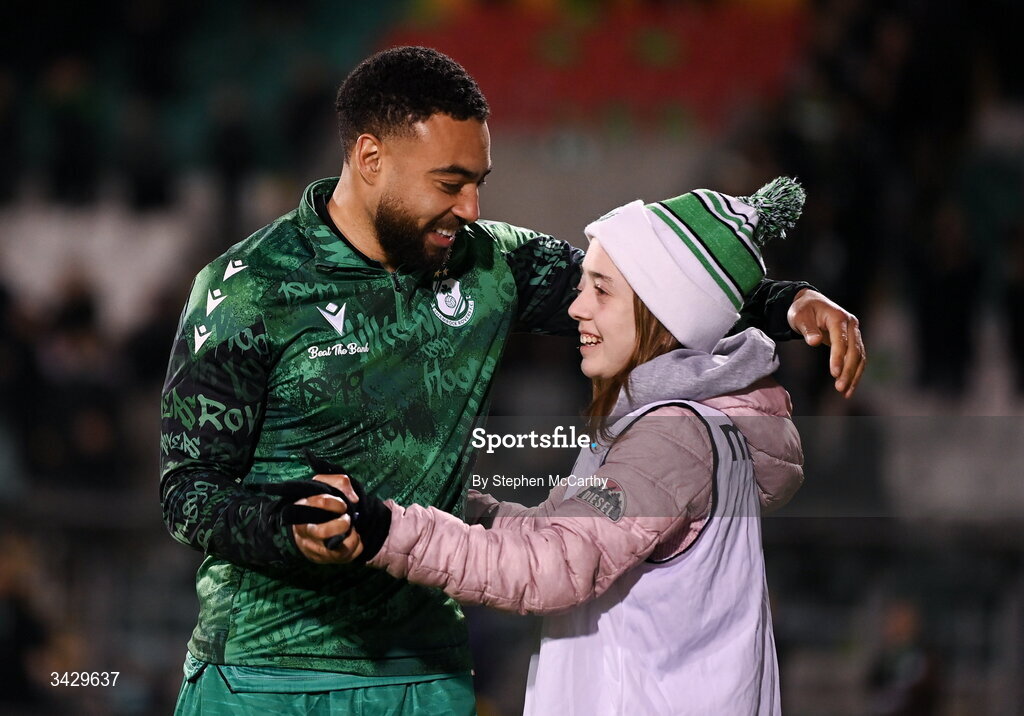 17 April 2026; Jake Mulraney of Shamrock Rovers celebrates with ballgirl Bella Smith following the SSE Airtricity Men's Premier Division match between Shamrock Rovers and Bohemians at Tallaght Stadium in Dublin. Photo by Stephen McCarthy/Sportsfile