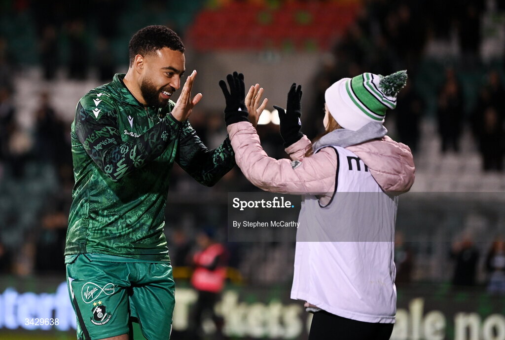 17 April 2026; Jake Mulraney of Shamrock Rovers celebrates with ballgirl Bella Smith following the SSE Airtricity Men's Premier Division match between Shamrock Rovers and Bohemians at Tallaght Stadium in Dublin. Photo by Stephen McCarthy/Sportsfile