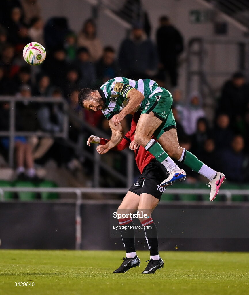 17 April 2026; Roberto Lopes of Shamrock Rovers in action against Colm Whelan of Bohemians during the SSE Airtricity Men's Premier Division match between Shamrock Rovers and Bohemians at Tallaght Stadium in Dublin. Photo by Stephen McCarthy/Sportsfile