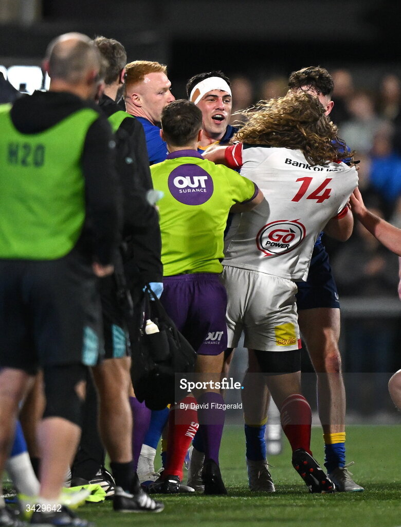 17 April 2026; Jimmy O'Brien and Hugo Keenan of Leinster tussle with Werner Kok of Ulster during the United Rugby Championship match between Ulster and Leinster at Affidea Stadium in Belfast. Photo by David Fitzgerald/Sportsfile