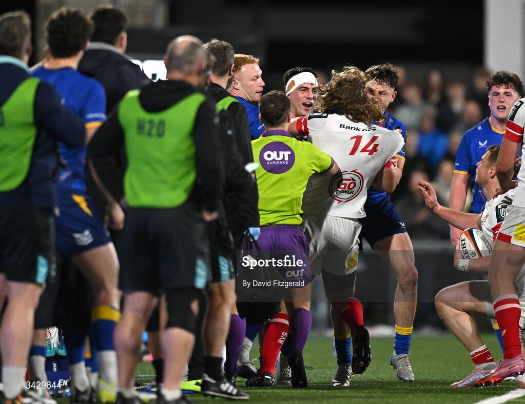 17 April 2026; Jimmy O'Brien and Hugo Keenan of Leinster tussle with Werner Kok of Ulster during the United Rugby Championship match between Ulster and Leinster at Affidea Stadium in Belfast. Photo by David Fitzgerald/Sportsfile