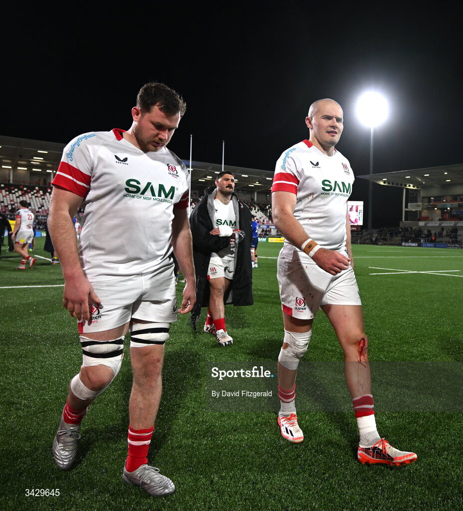17 April 2026; Jacob Stockdale of Ulster, right, and team mates after their side's defeat in the United Rugby Championship match between Ulster and Leinster at Affidea Stadium in Belfast. Photo by David Fitzgerald/Sportsfile
