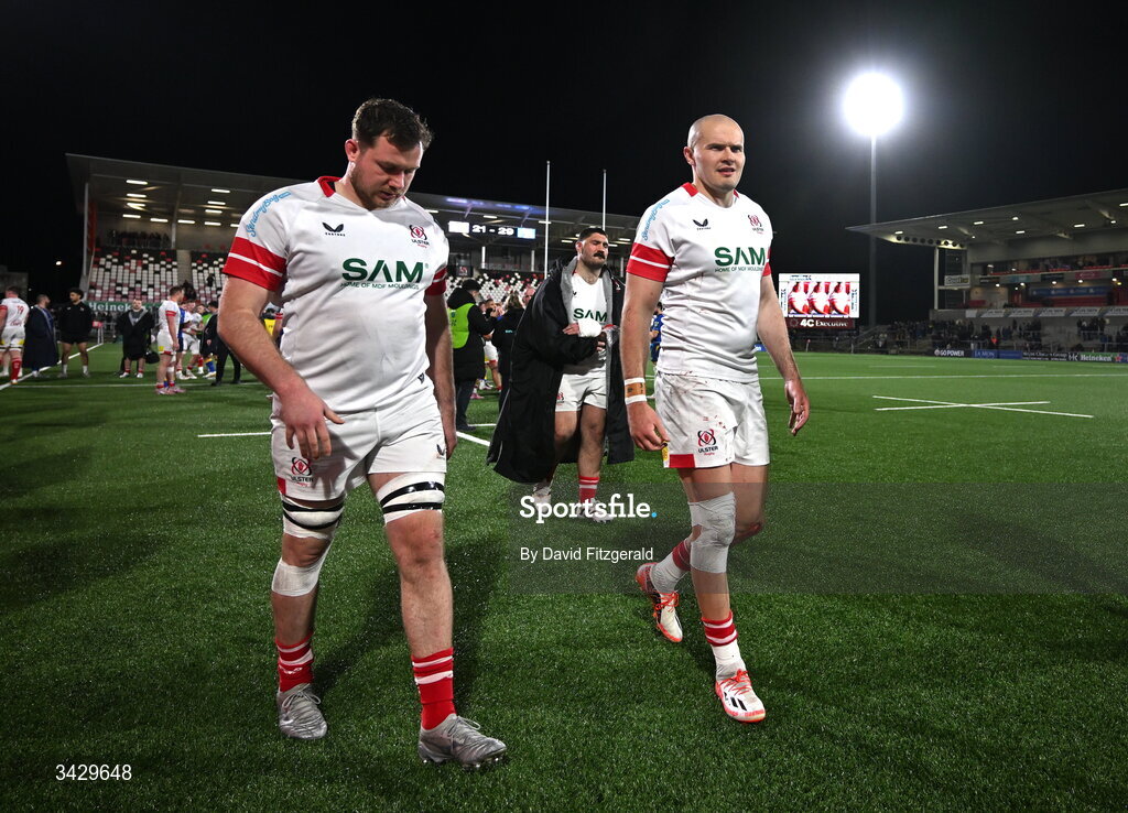 17 April 2026; Jacob Stockdale of Ulster, right, and team mates after their side's defeat in the United Rugby Championship match between Ulster and Leinster at Affidea Stadium in Belfast. Photo by David Fitzgerald/Sportsfile