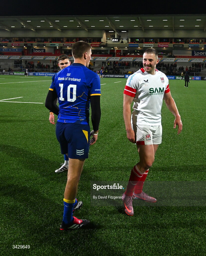 17 April 2026; Stuart McCloskey of Ulster and Sam Prendergast of Leinster after the United Rugby Championship match between Ulster and Leinster at Affidea Stadium in Belfast. Photo by David Fitzgerald/Sportsfile