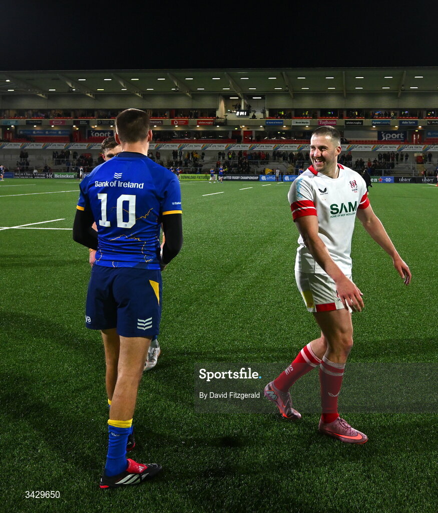 17 April 2026; Stuart McCloskey of Ulster and Sam Prendergast of Leinster after the United Rugby Championship match between Ulster and Leinster at Affidea Stadium in Belfast. Photo by David Fitzgerald/Sportsfile