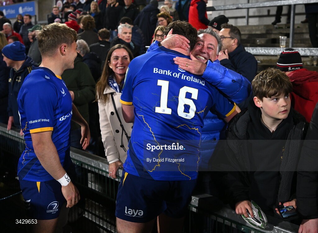 17 April 2026; Gus McCarthy of Leinster with supporters after the United Rugby Championship match between Ulster and Leinster at Affidea Stadium in Belfast. Photo by David Fitzgerald/Sportsfile