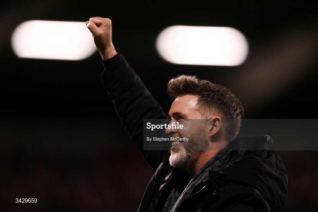 17 April 2026; Shamrock Rovers manager Stephen Bradley celebrates after the SSE Airtricity Men's Premier Division match between Shamrock Rovers and Bohemians at Tallaght Stadium in Dublin. Photo by Stephen McCarthy/Sportsfile