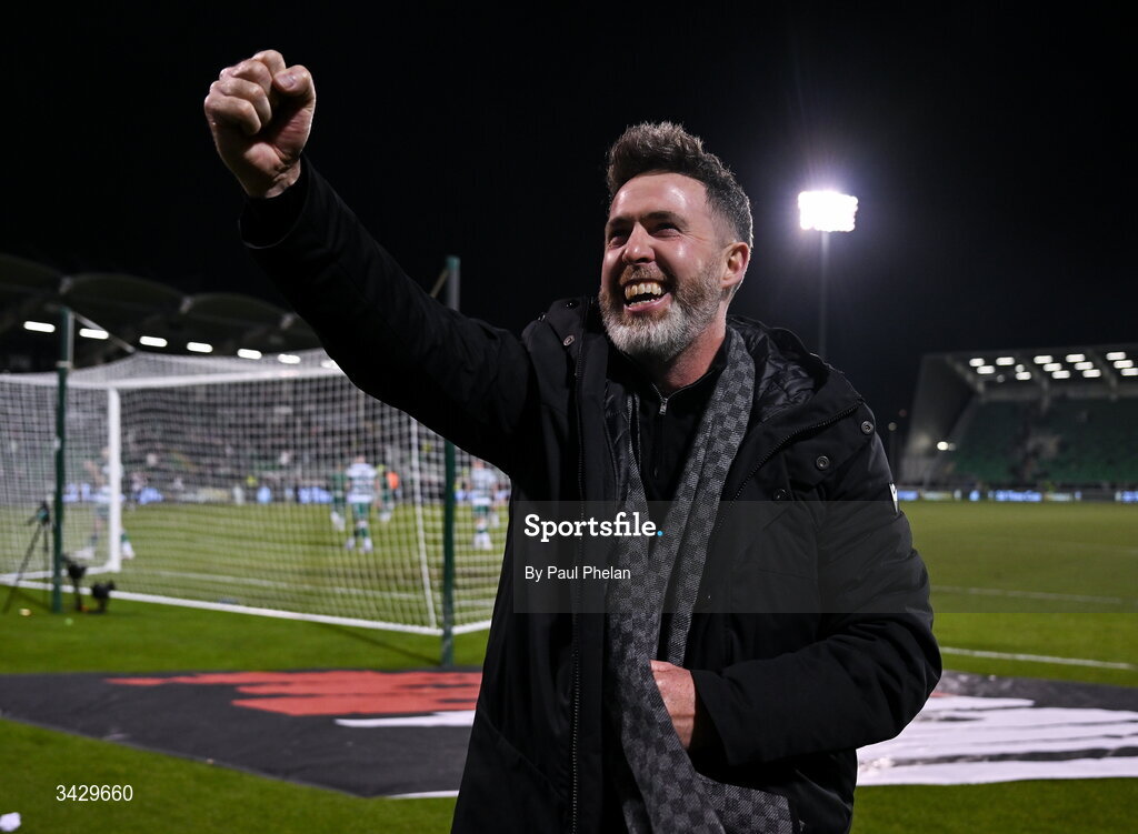 17 April 2026; Shamrock Rovers manager Stephen Bradley celebrates after the SSE Airtricity Men's Premier Division match between Shamrock Rovers and Bohemians at Tallaght Stadium in Dublin. Photo by Paul Phelan/Sportsfile