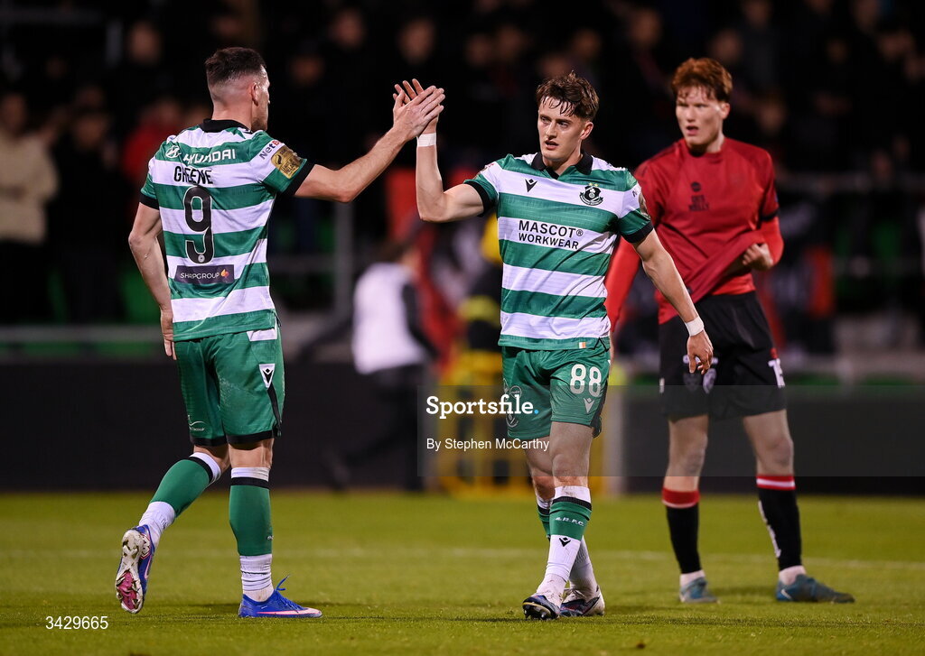 17 April 2026; John McGovern, right, and Aaron Greene of Shamrock Rovers celebrate after the SSE Airtricity Men's Premier Division match between Shamrock Rovers and Bohemians at Tallaght Stadium in Dublin. Photo by Stephen McCarthy/Sportsfile