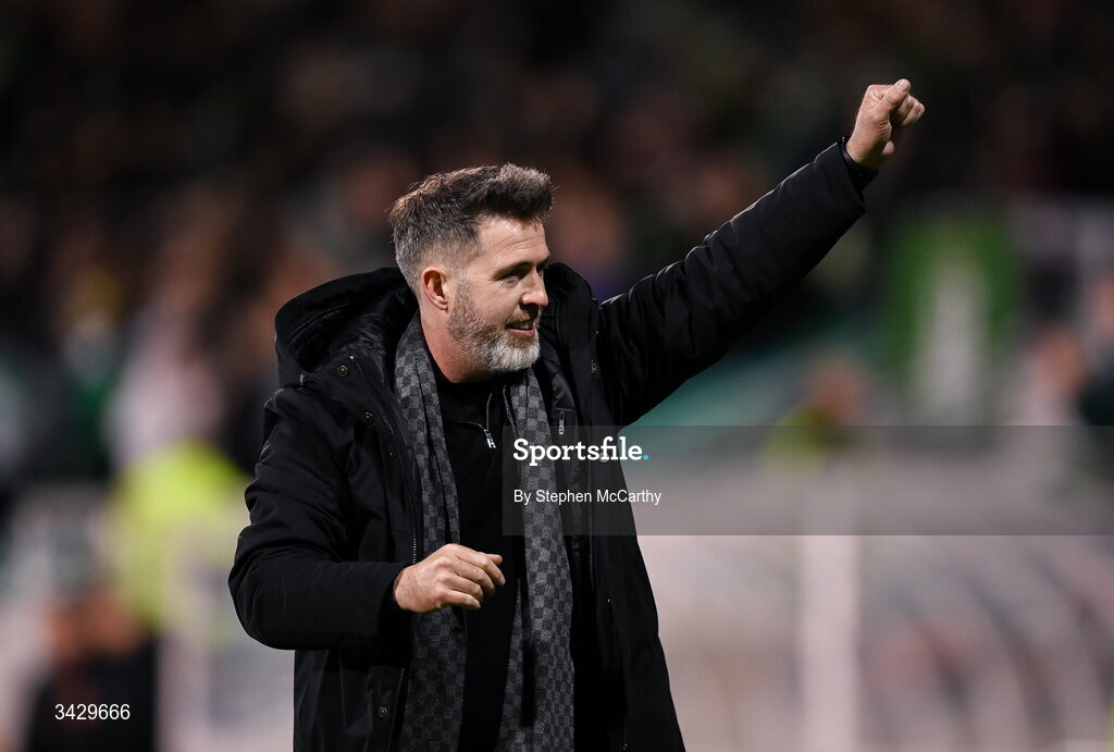 17 April 2026; Shamrock Rovers manager Stephen Bradley celebrates after the SSE Airtricity Men's Premier Division match between Shamrock Rovers and Bohemians at Tallaght Stadium in Dublin. Photo by Stephen McCarthy/Sportsfile