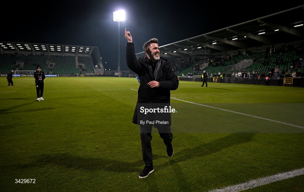 17 April 2026; Shamrock Rovers manager Stephen Bradley celebrates after the SSE Airtricity Men's Premier Division match between Shamrock Rovers and Bohemians at Tallaght Stadium in Dublin. Photo by Paul Phelan/Sportsfile