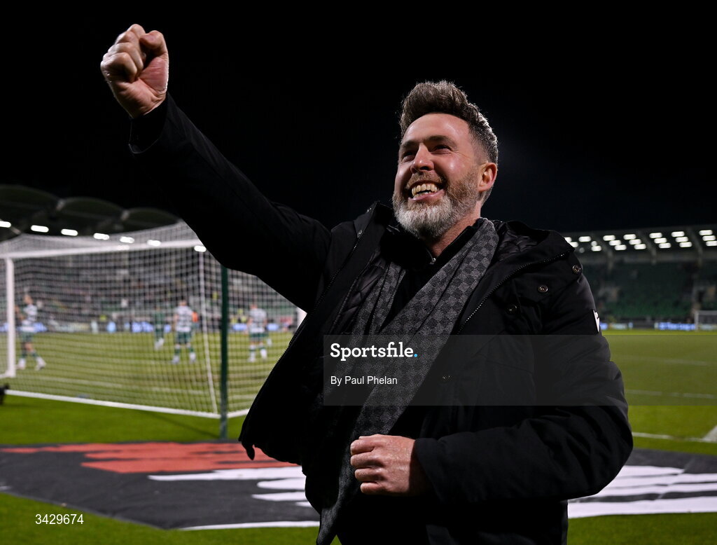17 April 2026; Shamrock Rovers manager Stephen Bradley celebrates after the SSE Airtricity Men's Premier Division match between Shamrock Rovers and Bohemians at Tallaght Stadium in Dublin. Photo by Paul Phelan/Sportsfile