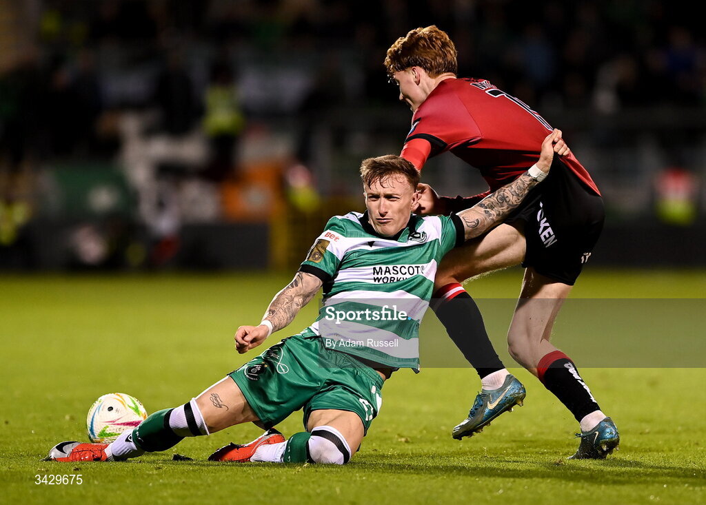 17 April 2026; Danny Grant of Shamrock Rovers is tackled by Senan Mullen of Bohemians during the SSE Airtricity Men's Premier Division match between Shamrock Rovers and Bohemians at Tallaght Stadium in Dublin. Photo by Adam Russell/Sportsfile